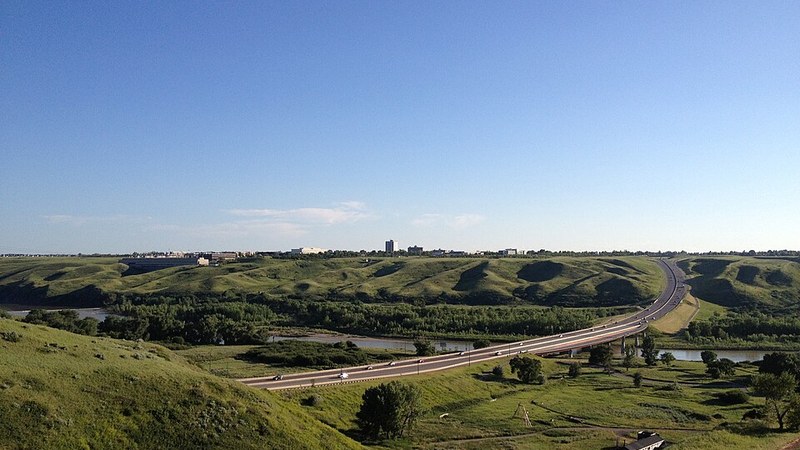 Whoop-Up Drive crosses the Oldman River valley toward West Lethbridge, Alberta.