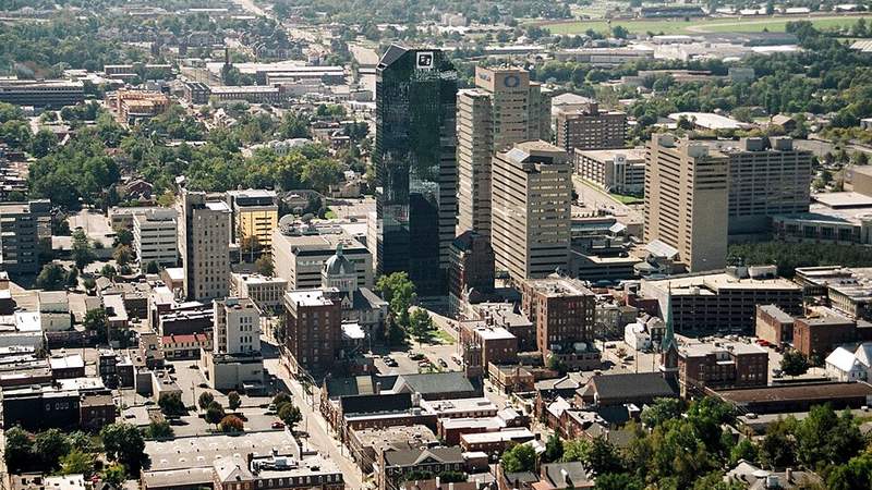 Aerial view of downtown Lexington with the Lexington Financial Center