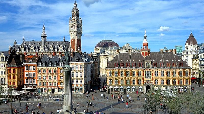 Lille's central square and historic buildings, France.