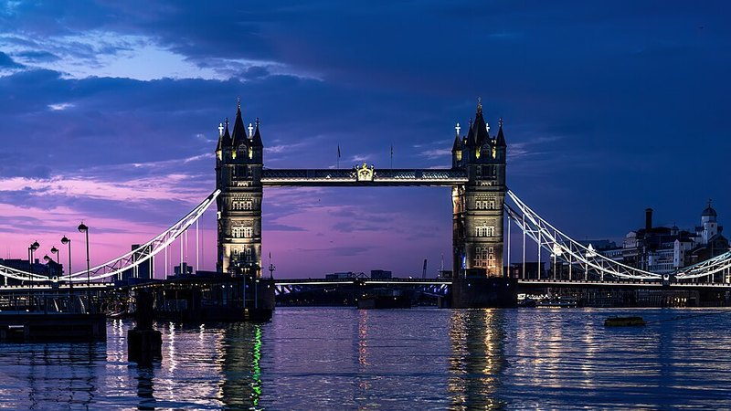 Tower Bridge over the River Thames in London at blue hour.