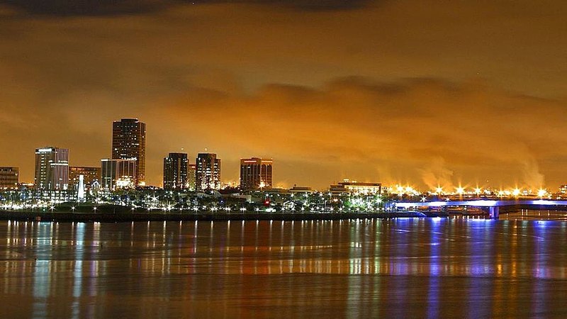 Long Beach waterfront skyline illuminated at night