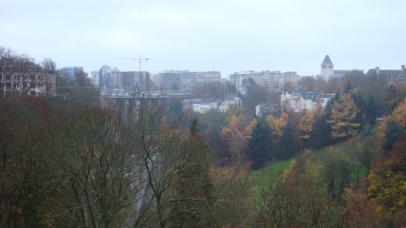Luxembourg City buildings above a wooded valley in autumn.