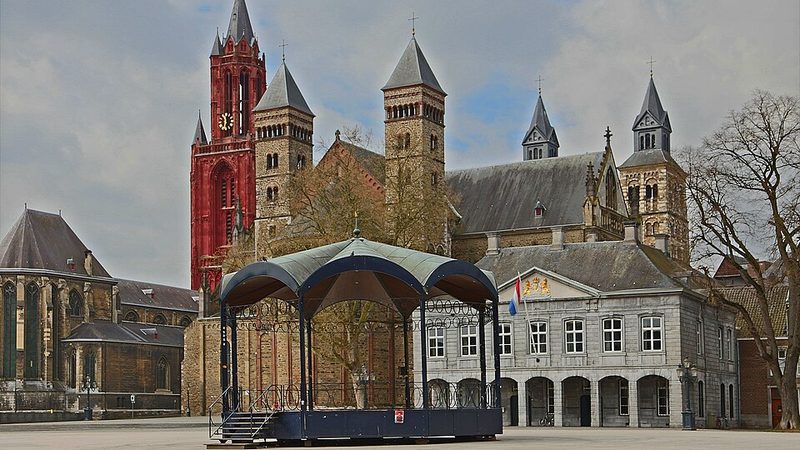 Church towers and Vrijthof square in Maastricht, Netherlands.