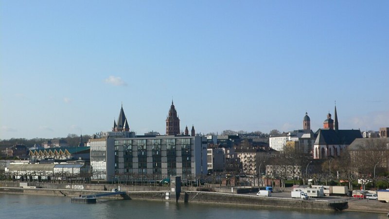 The Rhine waterfront in Mainz viewed from Theodor Heuss Bridge