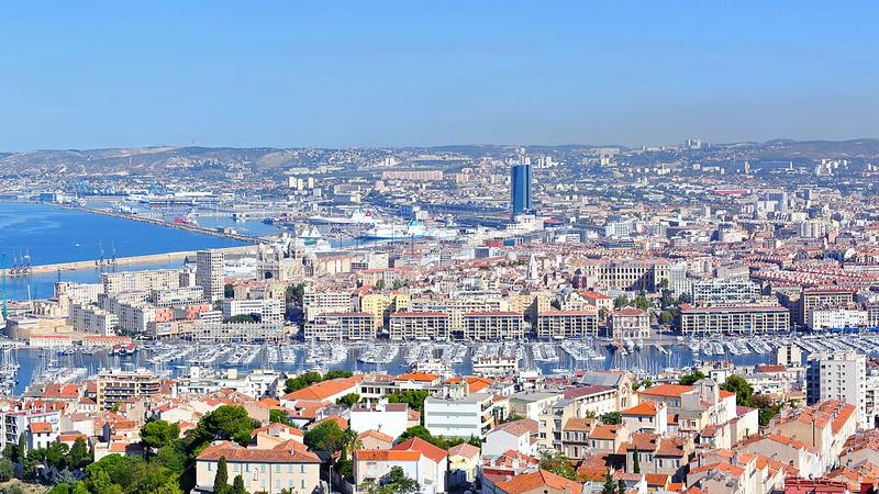 Marseille's Old Port and surrounding city seen from above, France.
