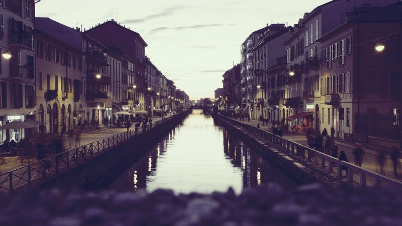 Evening view of Naviglio Grande canal in Milan