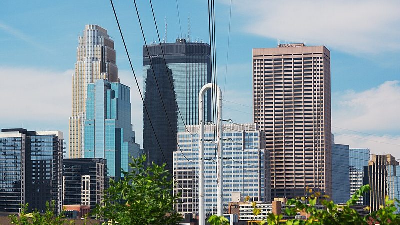 Downtown Minneapolis skyline seen from Nicollet Island on the Mississippi River.