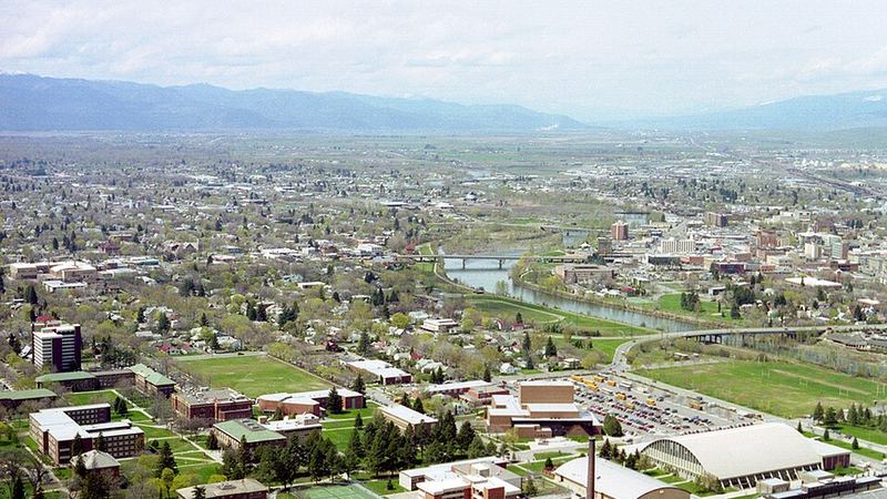Missoula and its valley viewed from a hillside, Montana.