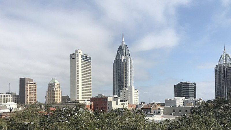Skyline of Mobile, Alabama, including its distinctive pointed towers.