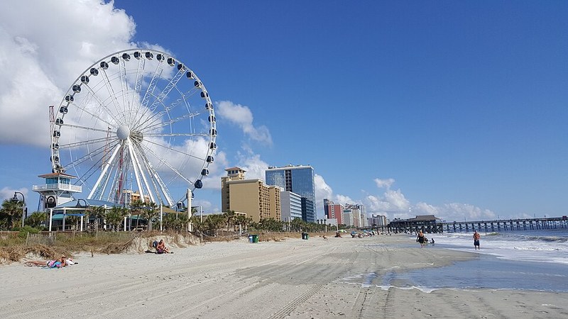 The observation wheel and beach at Myrtle Beach, South Carolina.