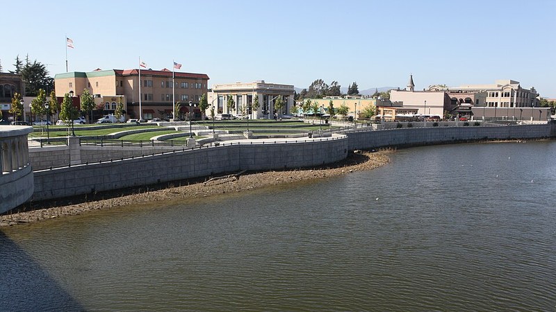 Downtown buildings and promenade along the Napa River, California.