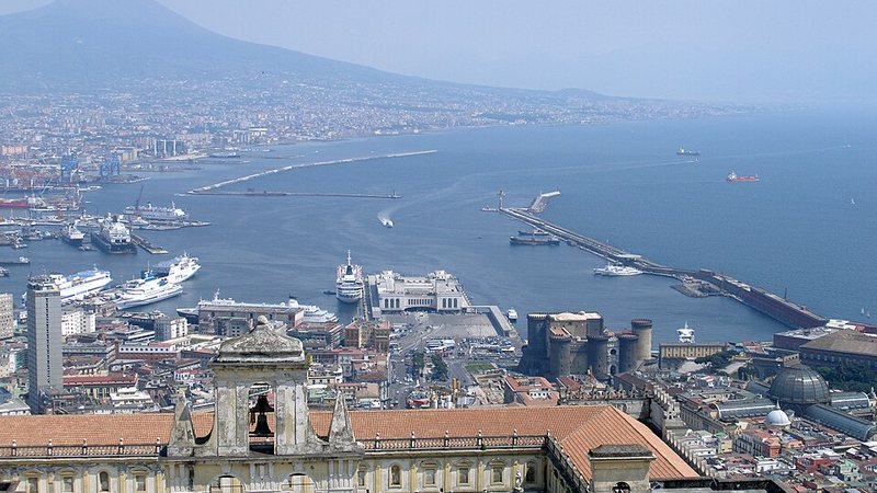 Elevated view over the port and Bay of Naples, Italy.