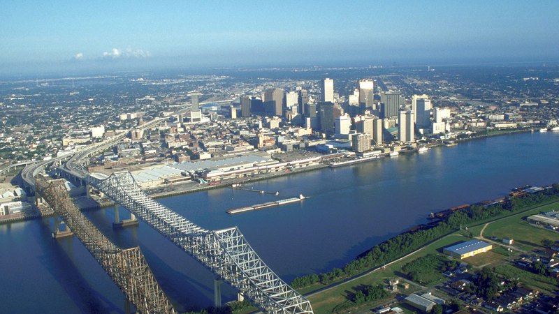New Orleans skyline and Crescent City Connection over the Mississippi River