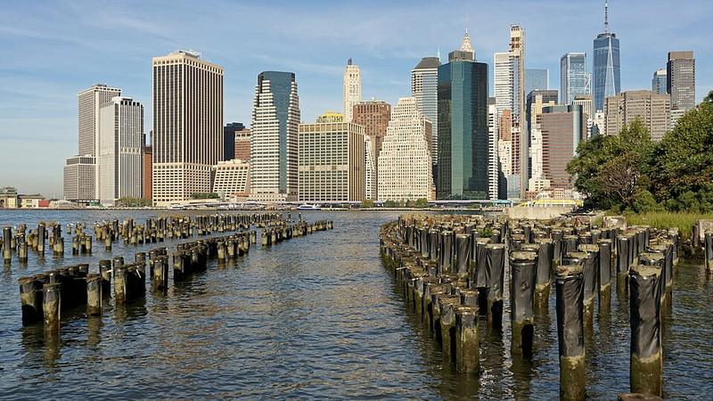 Lower Manhattan skyline seen from Brooklyn Bridge Park in New York City.