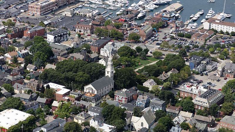 Aerial view of downtown Newport and its harbor on Aquidneck Island, Rhode Island