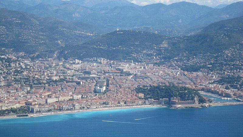 Nice and its Mediterranean coastline seen from above, France.