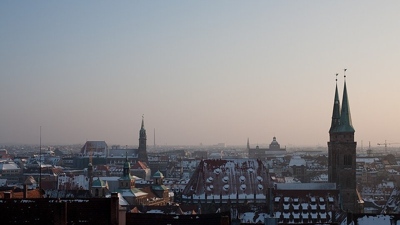 Rooftops and church towers over Nuremberg on a winter morning, Germany.