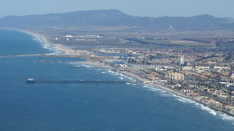 Oceanside coastline and pier viewed from above, California.