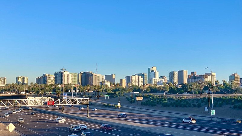 Downtown Phoenix skyline viewed looking west in 2025.