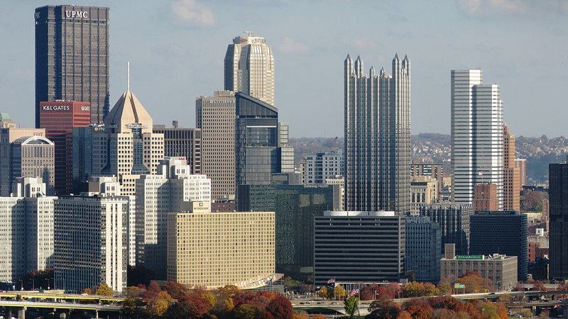 Pittsburgh skyline and rivers from West End Overlook in autumn