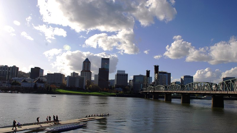 Portland skyline and Hawthorne Bridge across the Willamette River
