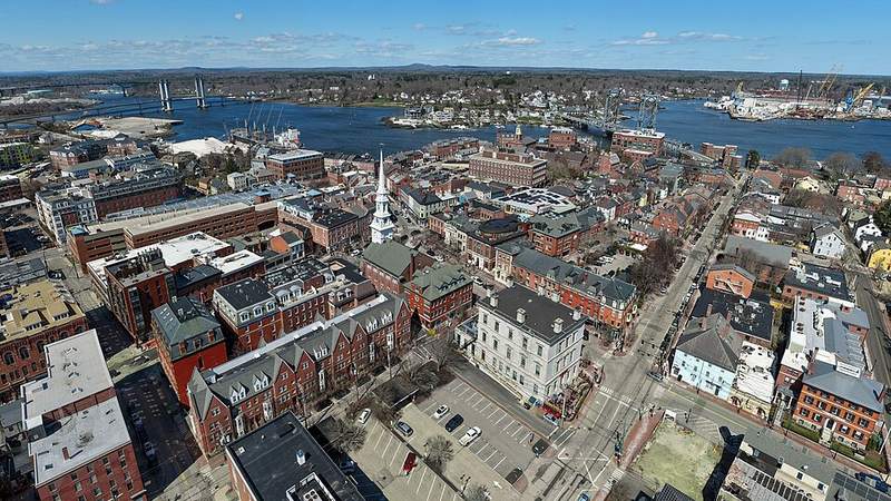Aerial view of historic downtown Portsmouth and its harbor, New Hampshire.