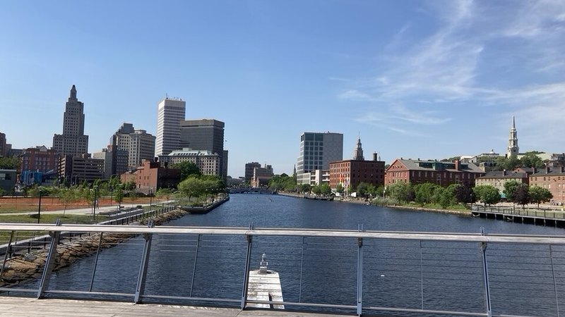 Providence skyline and river from the pedestrian bridge