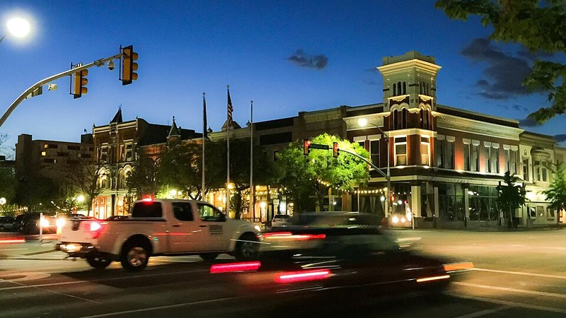 Historic downtown Provo, Utah, illuminated at night.