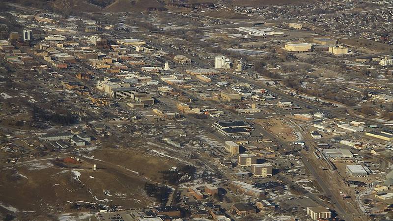 Aerial view of downtown Rapid City, South Dakota.