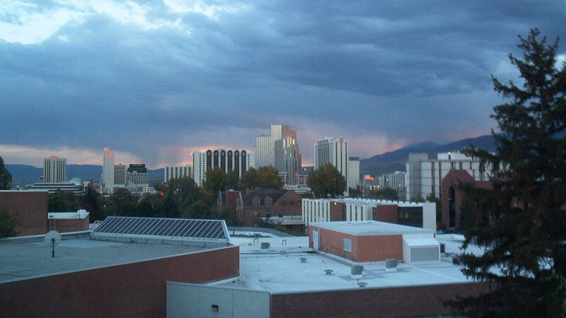 Reno skyline seen from the University of Nevada campus at dusk