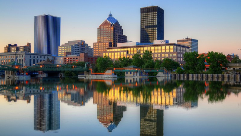 Downtown Rochester reflected in the Genesee River, New York.