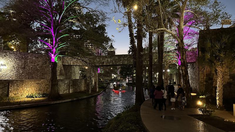 San Antonio River Walk lit up at night