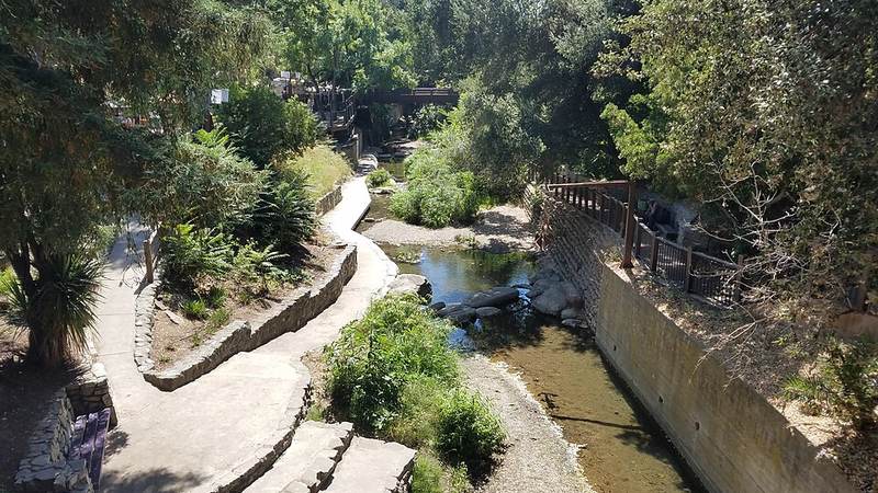 A shaded walkway beside San Luis Obispo Creek in downtown San Luis Obispo.