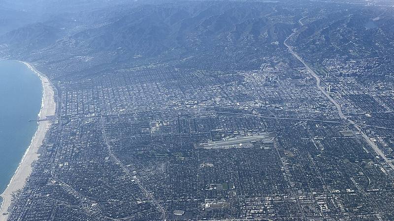Aerial view of Santa Monica and its coastline, California.