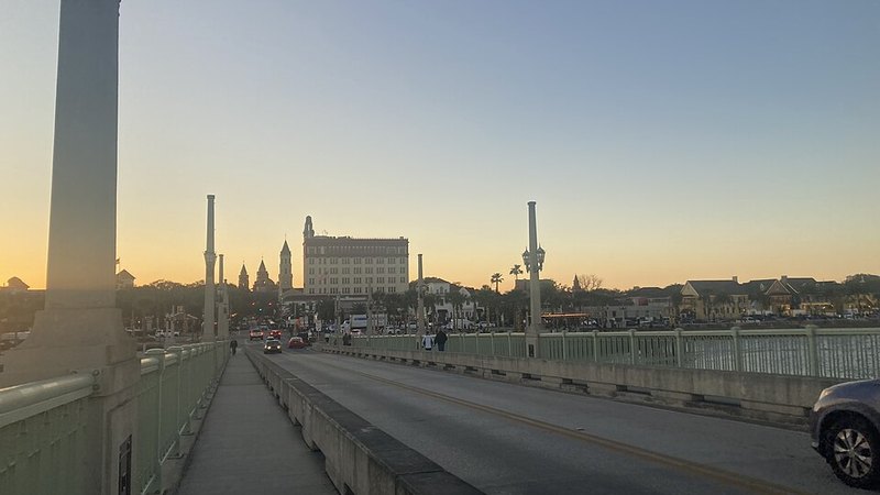 Bridge of Lions looking west toward downtown St. Augustine at sunset