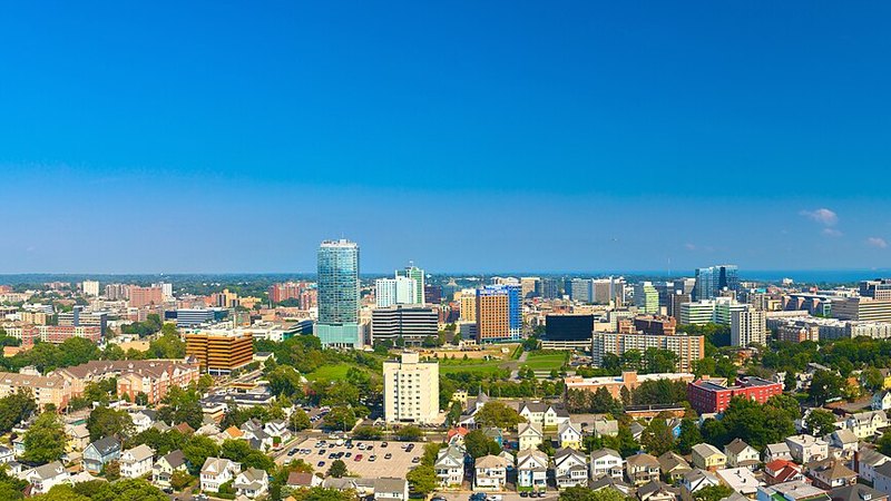 Aerial view of the downtown Stamford skyline, Connecticut.