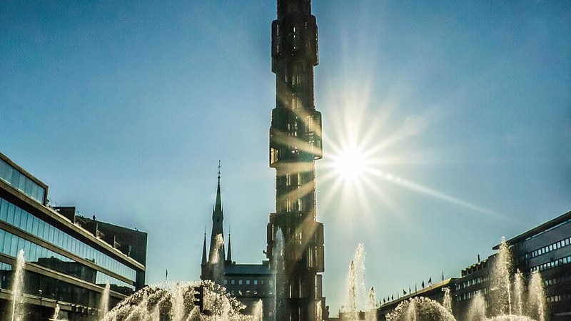 Sergels torg fountain and glass obelisk in Stockholm, Sweden.