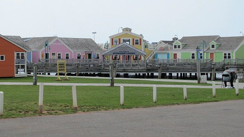 Colourful waterfront buildings at Spinnakers' Landing in Summerside, Prince Edward Island.