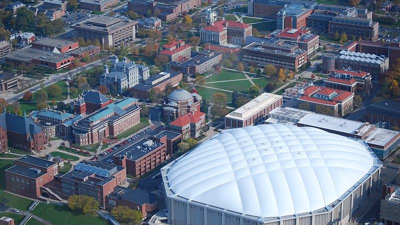 Aerial view of Syracuse University's main campus and stadium, New York.