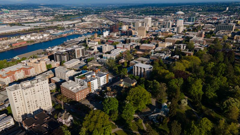 Aerial view of Tacoma, Washington, and its waterfront.