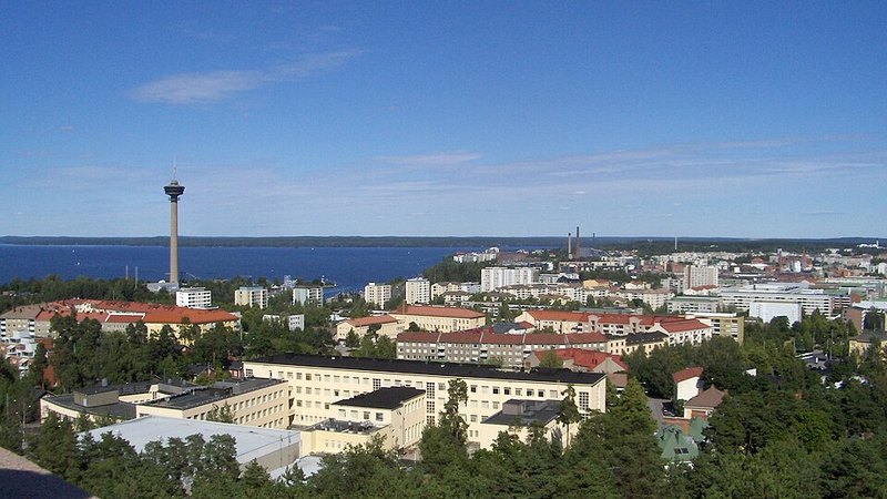 Tampere city center and its lake landscape viewed from above, Finland.