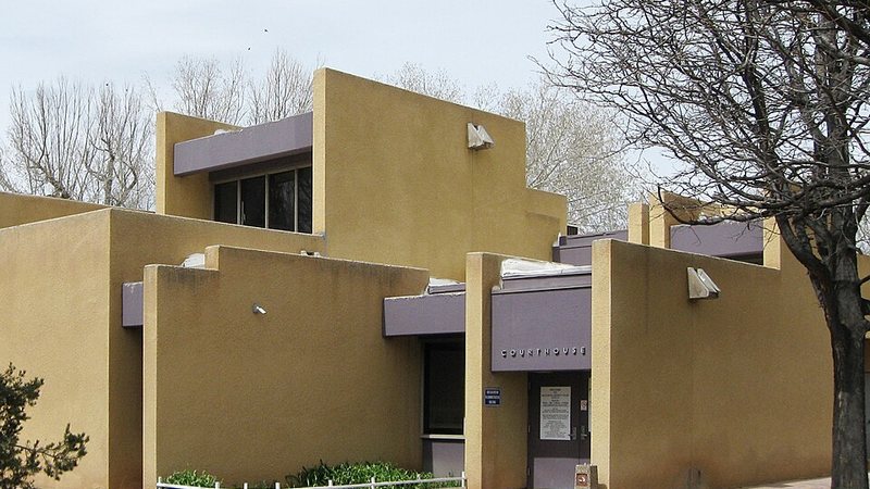 Adobe-style buildings at the county courthouse in Taos, New Mexico.