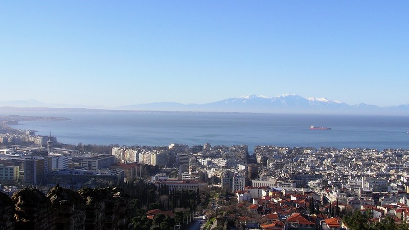 Thessaloniki and the Thermaic Gulf viewed from Ano Poli with Mount Olympus in the distance