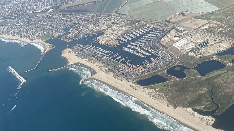 Aerial view of Ventura Harbor and its marina on the California coast.