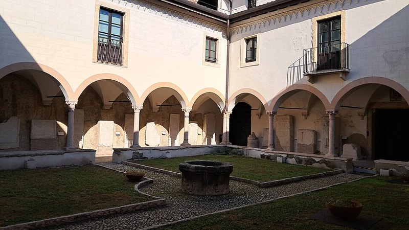 Arcaded courtyard at the Roman Theatre museum complex in Verona, Italy.