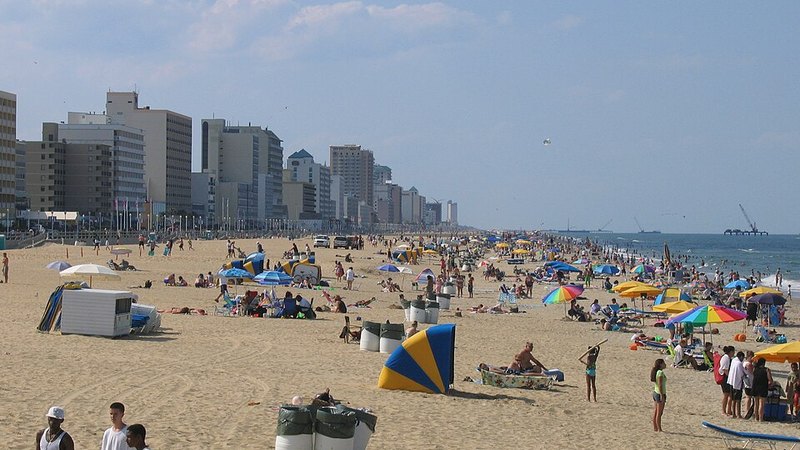 Virginia Beach shoreline and oceanfront buildings seen from the fishing pier