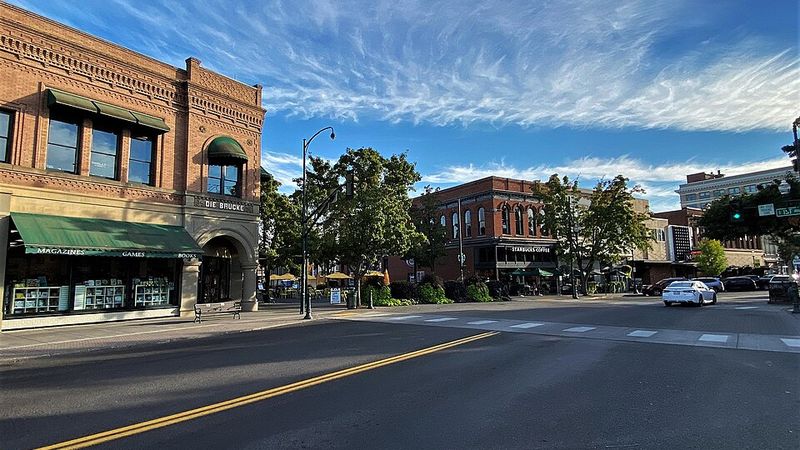 Brick storefronts in downtown Walla Walla's historic district in Washington.