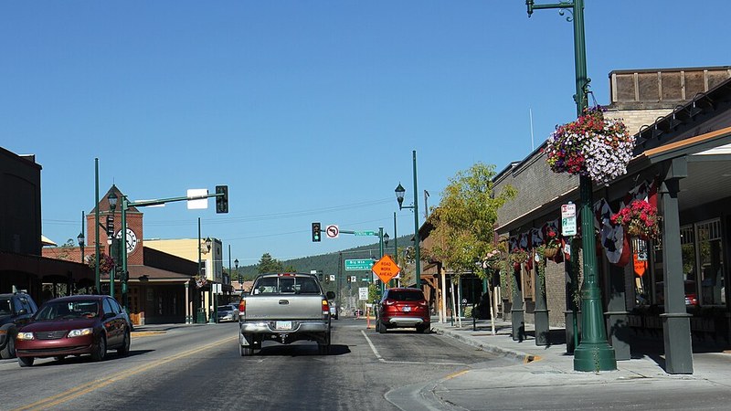 Storefronts on a main street in Whitefish, Montana.