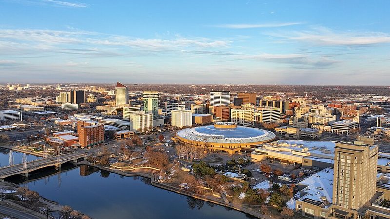 Aerial view over downtown Wichita and its riverfront in Kansas.