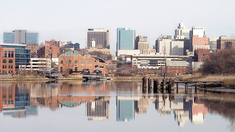 Wilmington skyline reflected in the Christina River, Delaware.